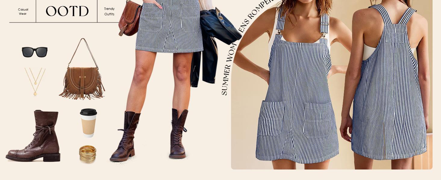 Imily Bela Womens Casual Striped Denim Dress Summer Pinafore Overalls Romper Adjustable Straps Jumper Dress with Pockets