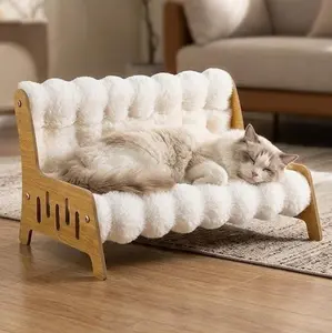 Luxury Wooden Cat Bed Sofa with Ultra-Soft Plush Cushion - Elevated Pet Furniture for Indoor Cats & Small Dogs