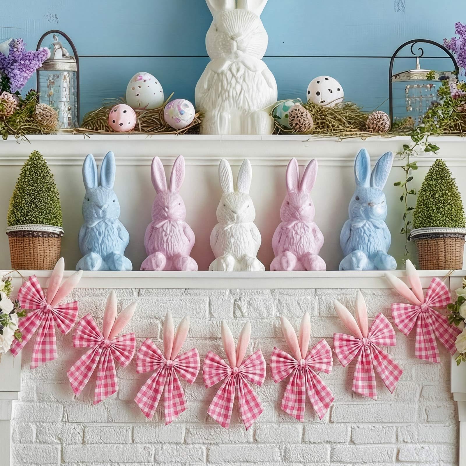 Easter Bow Garland Pastel Fluffy Tulle Satin Bow Banner Bunny Ear Plaid Pink Bow Garland Cute Hanging Wreath Garland for Mantle Fireplace Wall Door Mantel Decor, Spring Indoor Outdoor Home Table Backdrop Easter Decor 2026 Festive Party Supplies & Gifts