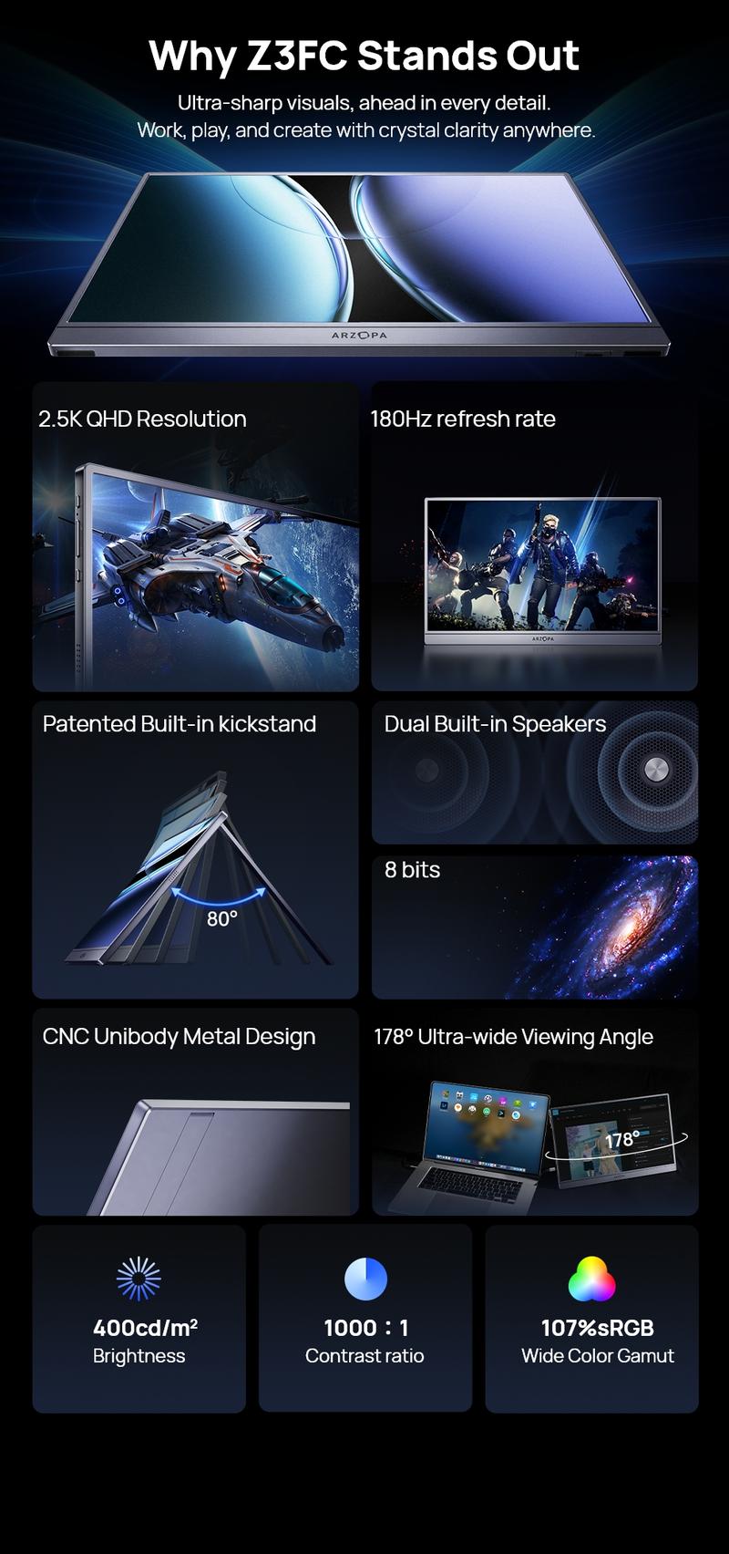 ARZOPA 16.1" 2.5K 180Hz Portable Gaming Monitor 107% sRGB 2560x1440 QHD 1080P Ultra Slim External Second Screen for Laptop PC PS5 Mac Xbox with Built-in KickStand & Dual Speakers