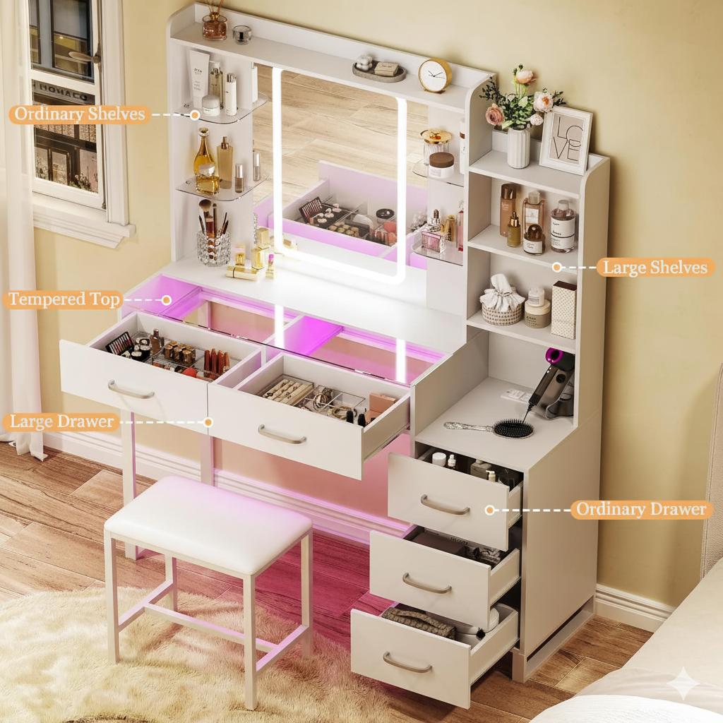 Vanity Desk with Mirror and LED Lights, 57.5" Makeup Vanity with Glass Top, Vanity with RGB Drawers, Power Outlet Safety Switch for Bedroom, White