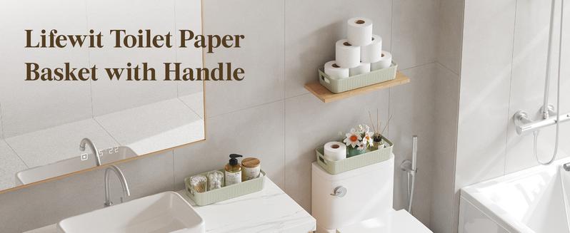 Toilet Paper Basket with Handle, Plastic Wicker Toilet Basket Tank Topper for Decor, Small Back of Storage Organizer Bin for Bathroom