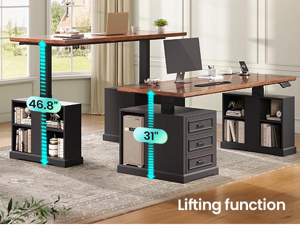 SEDETA Farmhouse Electric Standing Desk, 63" Height Adjustable Computer Desk with 3 Drawers, Storage Shelves, Power Outlets, Wood Home Office Stand up Desk for Work, Study, Writing