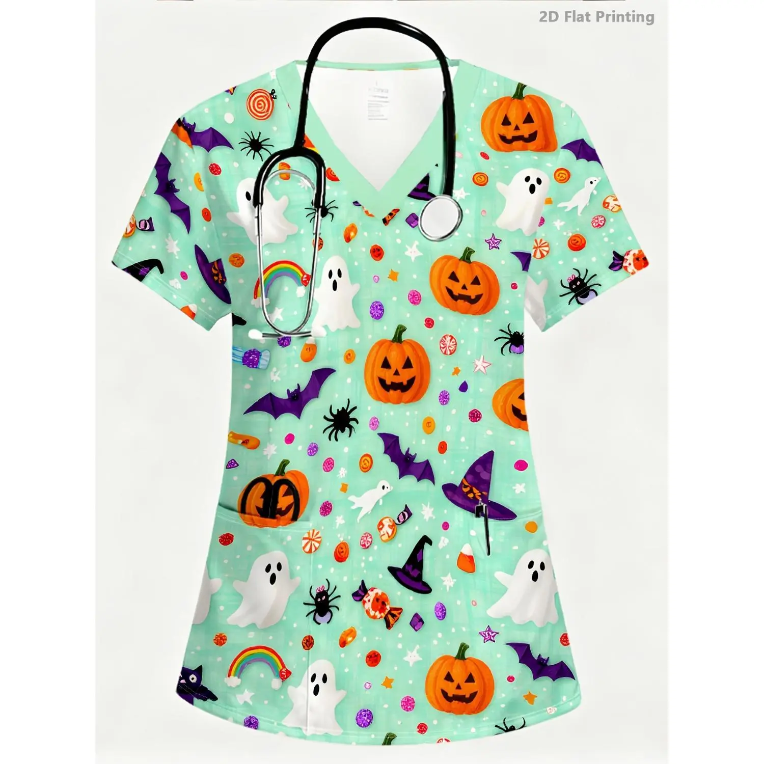 Halloween V-Neck Printed Nurse Dress - Mint Green Pumpkin Ghost Bat Cartoon Design, Comfortable Workwear with Double Pockets, Casual and Versatile Style