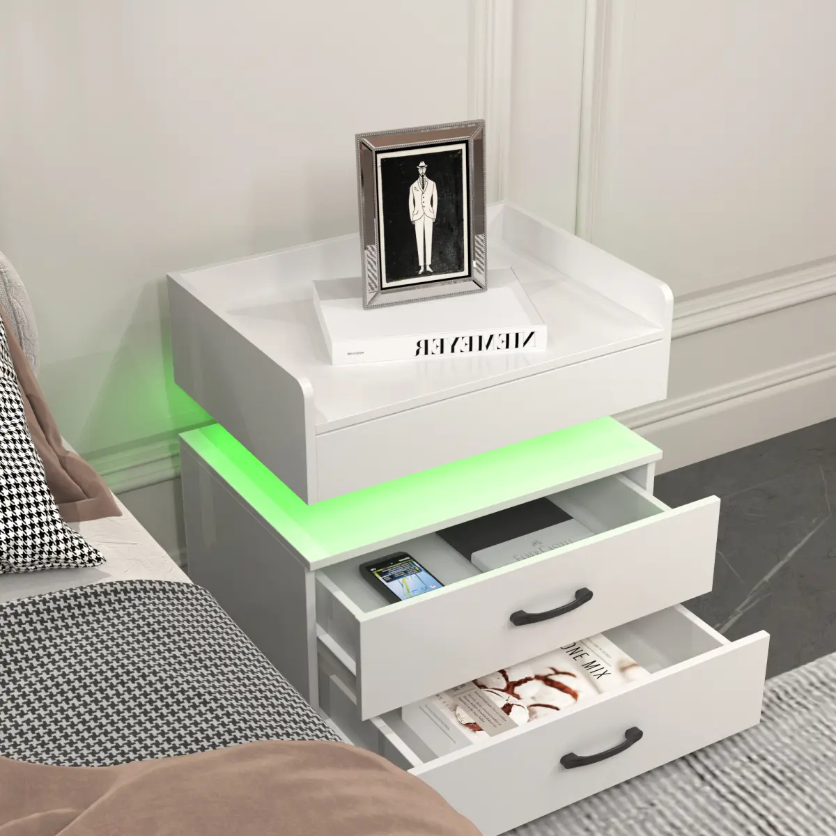 [Bellemave] Smart Nightstand| Adjustable LED Strip Light| 2 Drawers and Open Shelves| Wood Bedside Tables with Storage Cabinet for Bedroom