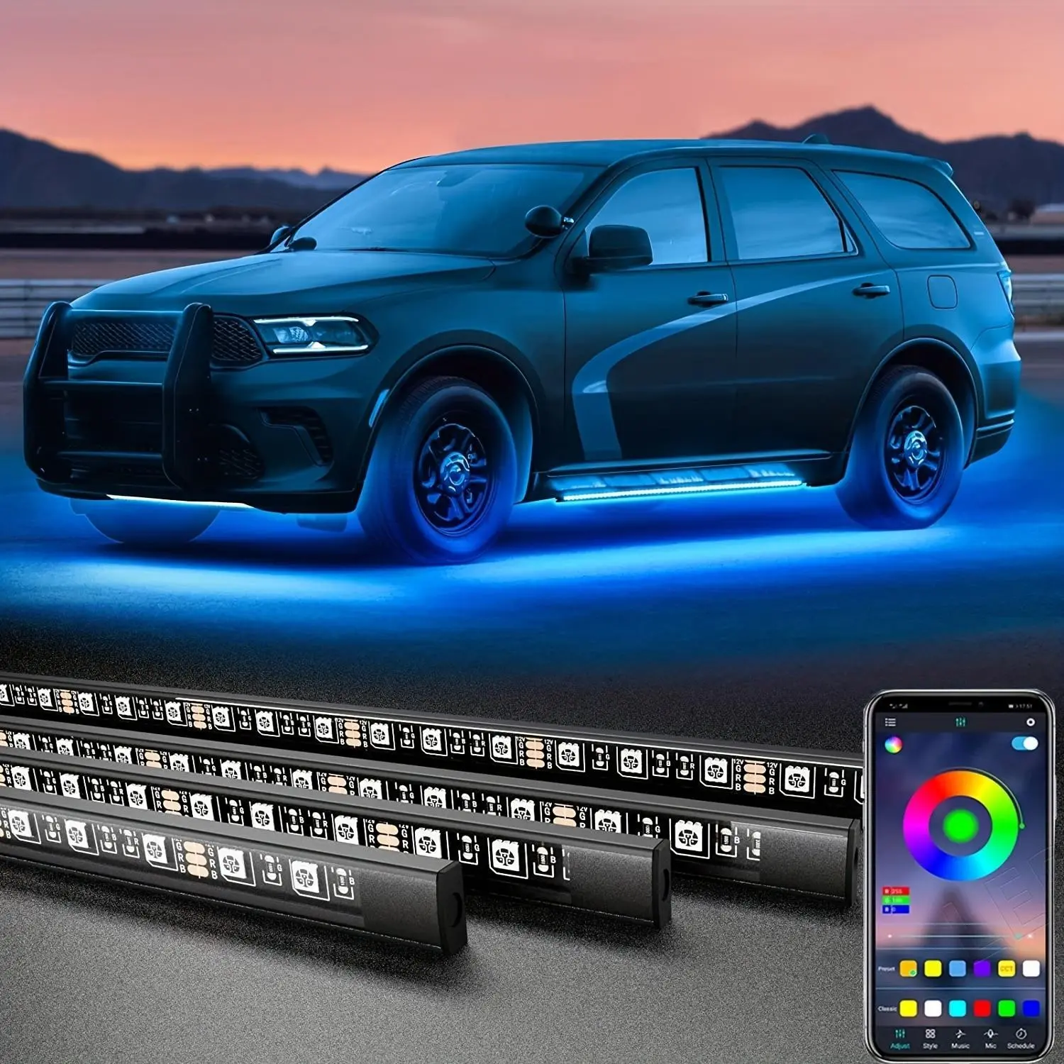 4 RGB Car LED Light Strips, APP-Controlled Music Mode Underglow, Waterproof LED Kit for Suvs and Trucks, Durable Design, Underglow Led Lights