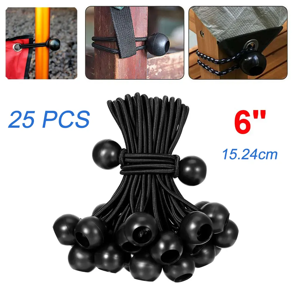 SJPACK 25 Pack Black Bungee Cords with Balls, 6-Inch Heavy Duty and Durable Rubber Tie Downs for Outdoor Tarps, Canopies, Camping, Bungee Cords Heavy Duty Outdoor, Durable Tie Downs