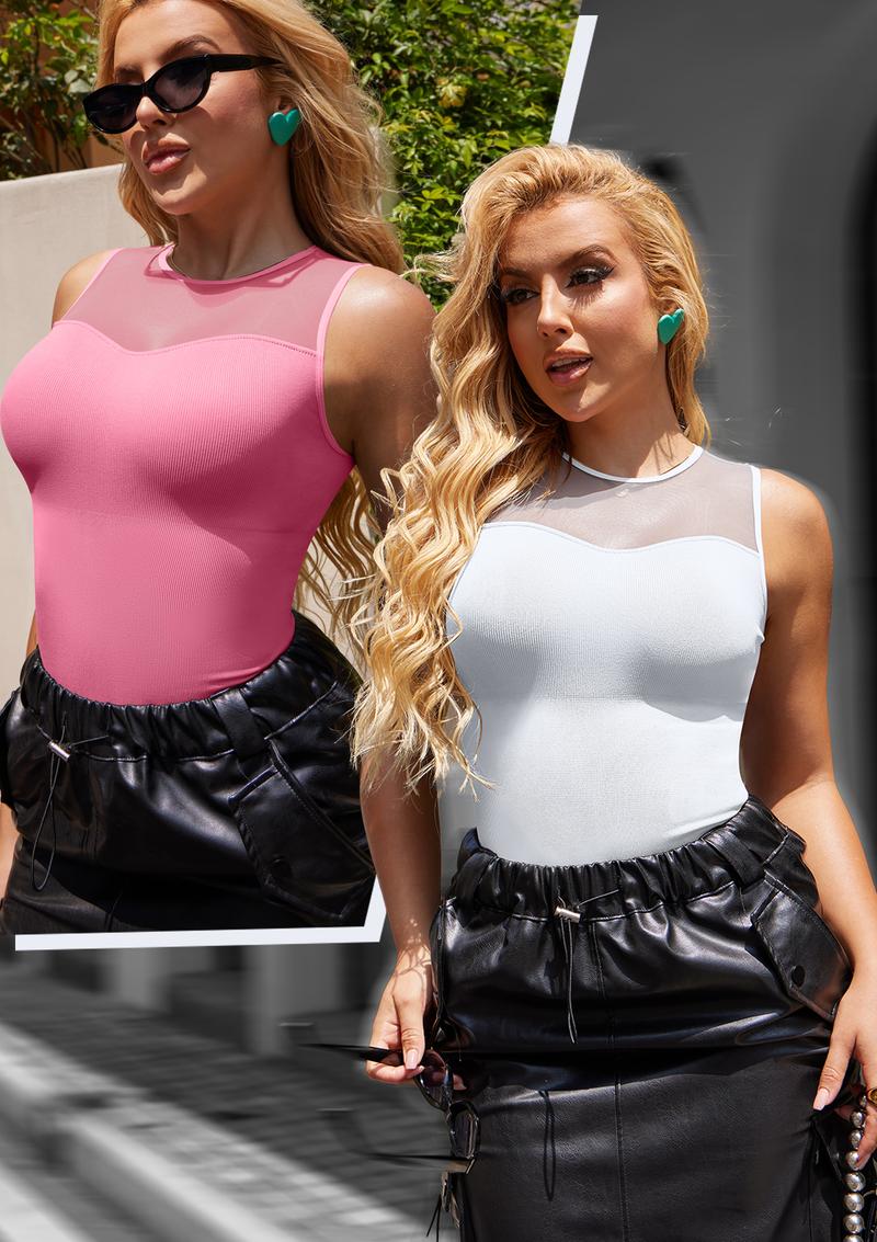 OQQ-Nine cents 2 Piece Bodysuits For Women Sexy Crew Neck Mesh Stretch Tank Tops Bodysuits Soft Stretchy Womenswear Underwear