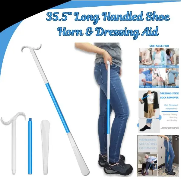 35.5” Long Handled Shoe Horn & Dressing Aid, Adjustable Sock Remover Helper Tool, Easy On Shoes for Seniors, Back Pain, Mobility Aid, Long Shoe Horn