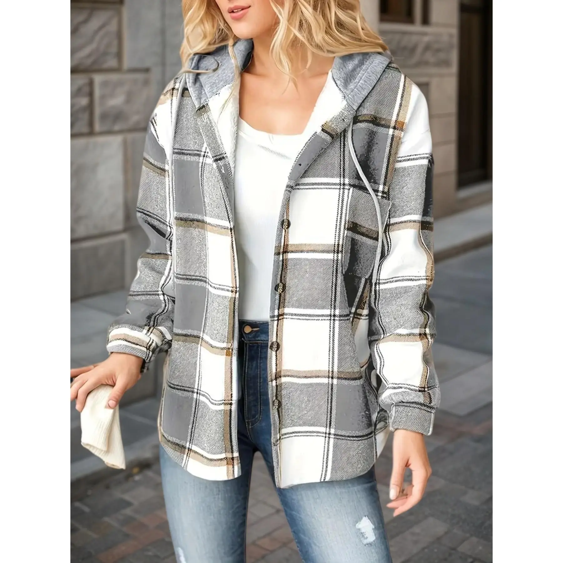 Women's Classic Plaid Hooded Flannel Jacket - Longsleeves, Collared Neck, Wool-Lined, Drawstring, Hook And Loop, Medium Length, Casual Warm Outerwear