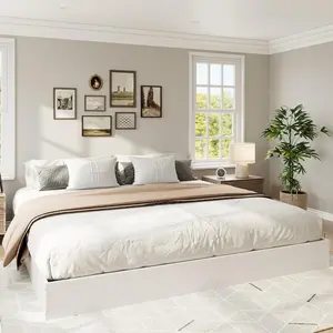 Solid Wood Platform Bed with Sturdy Wooden Slats, Queen Size Floor-Standing Bed Frame, Minimalist Design Space-Saving, No Box Spring Needed,White
