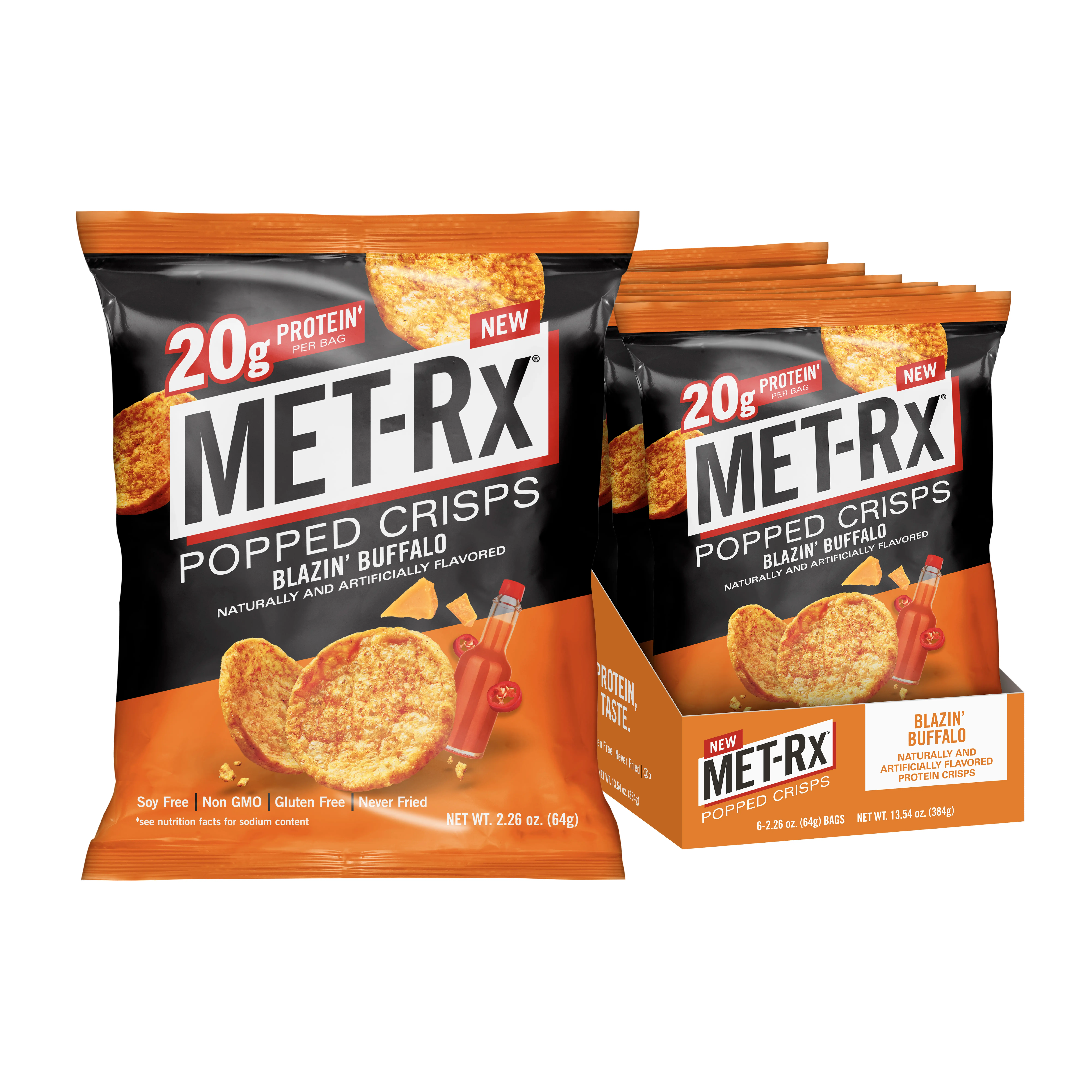 MET-Rx Popped Crisps Blazin' Buffalo | 6 Bags | 20g Protein | Crunchy Protein Snack