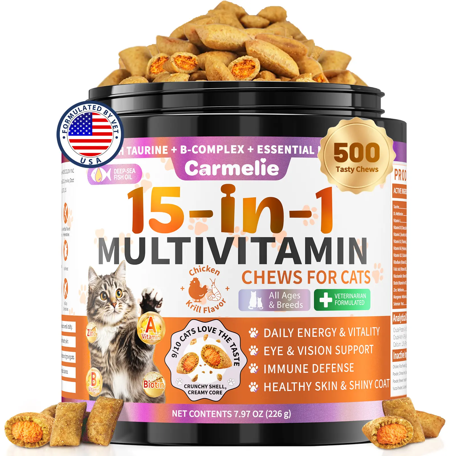 #backtoschool #sohochic Carmelie Taurine for Cats Vitamins Treats, 15 in 1 Cat Multivitamin Support Joint, Skin Coat, Digestion, Immunity & Energy, 500 Crunchy & Creamy Chews with Essential Vitamin for Cats All Ages (90-Day Supply)