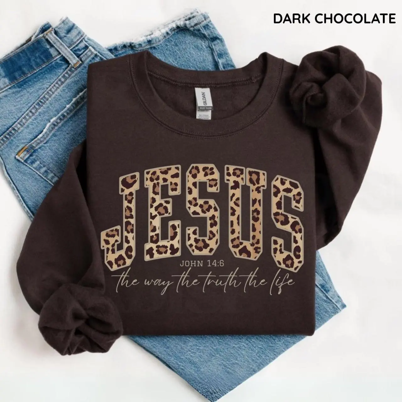 Christian Jesus Leopard Sweatshirt, Cheetah Print Bible Verse Tshirt, Trendy Faith Apparel Gift, Jesus Loves You, The Way The Truth The Life Gift For Women