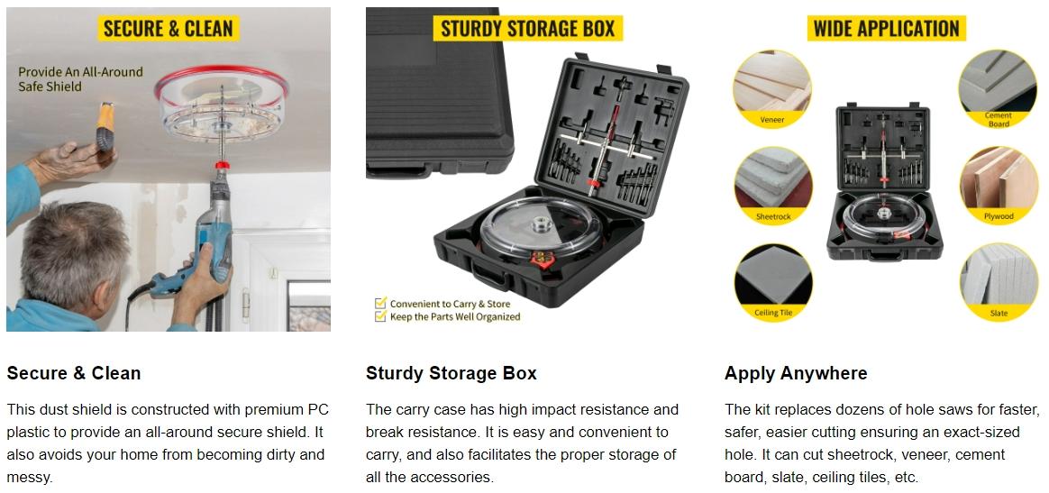 VEVOR Adjustable Hole Saw Cutter Kit,  1-5/8\" to 11-13 /16\" (40-300 mm), Recessed Hole Saw with PC Dust Shield, Two Replaceable Pilot Drill Bits, for Recessed Lights, Ceiling Speakers, Vent Holes