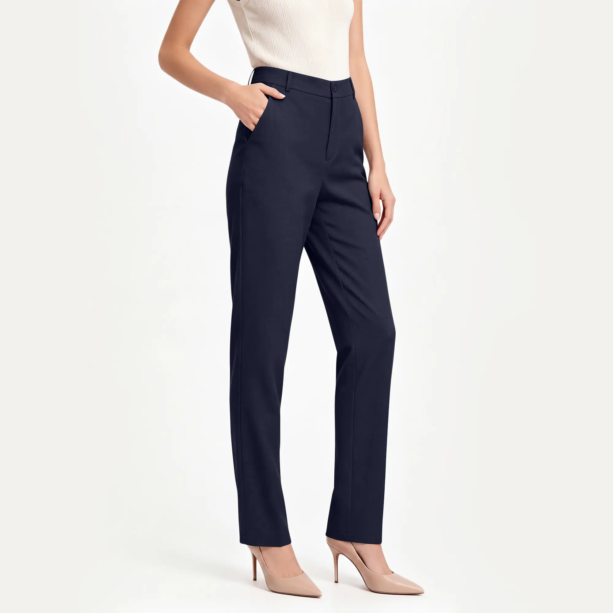 OYV Women's Stretch Fabric Business Casual Trousers - Polyester Blend, Clean Lines, All-Season Work Slacks, Straight Leg Dress Pants