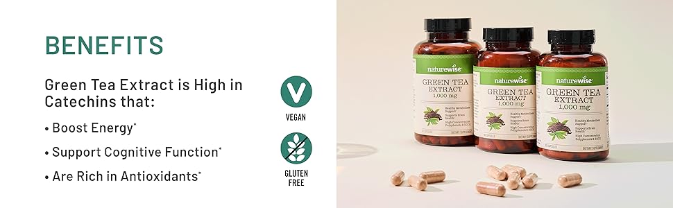 NatureWise Green Tea Extract Capsules 1000 mg - 50% EGCG & 98% Polyphenols - Extra Strength Green Tea Pills - Antioxidants for Heart Health & Energy - Vegan, Non-GMO - USA Manufactured