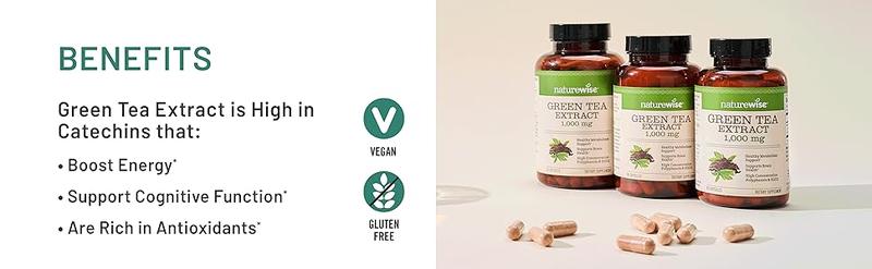 NatureWise Green Tea Extract Capsules 1000 mg - 50% EGCG & 98% Polyphenols - Extra Strength Green Tea Pills - Antioxidants for Heart Health & Energy - Vegan, Non-GMO - USA Manufactured