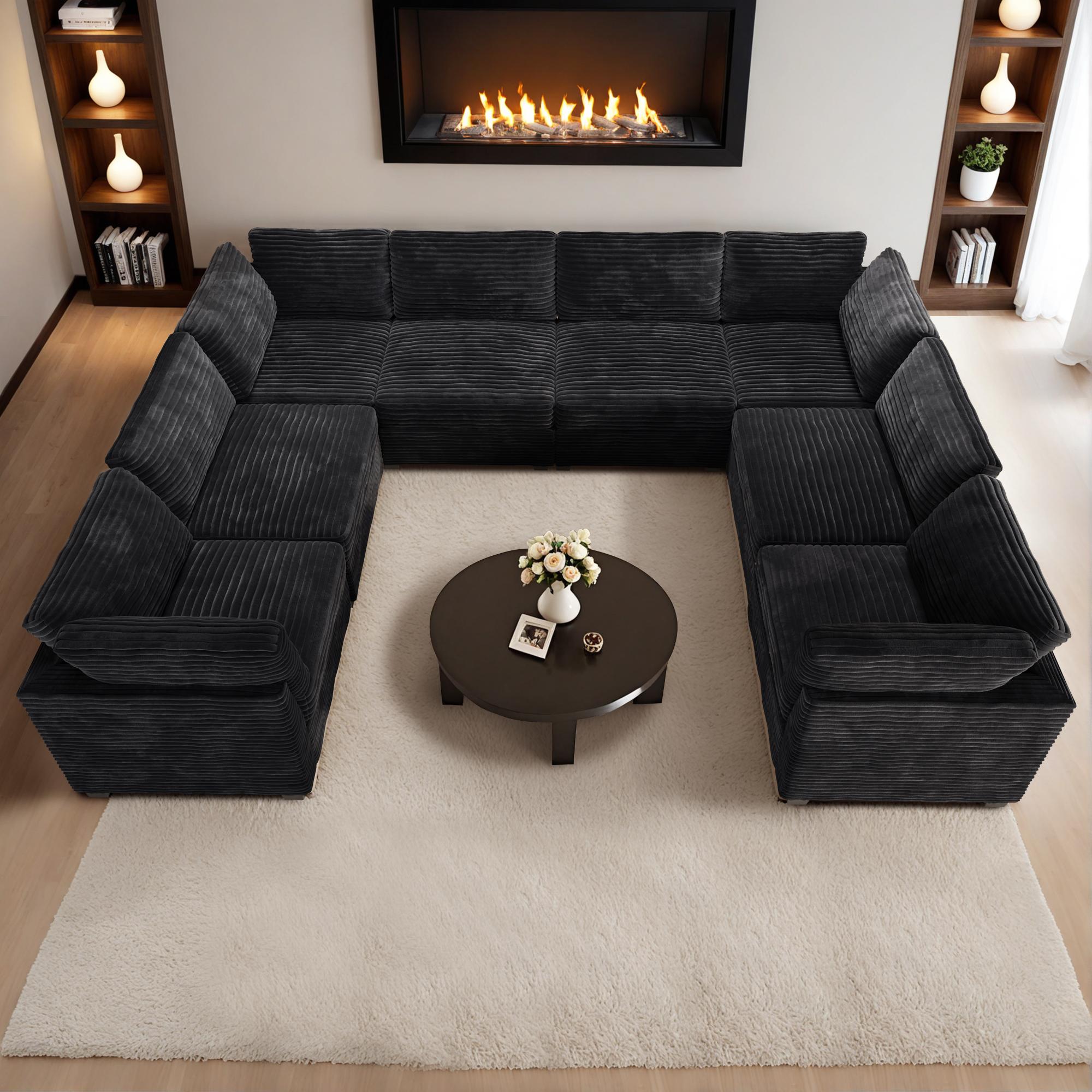 CAODOC Oversized U-Shaped Sectional Couch Sofa Living Room, Modern U-Shaped Convertible Sofabed Plush Corduroy Upholstered Sofa&Couch and Pillows,Free Combination