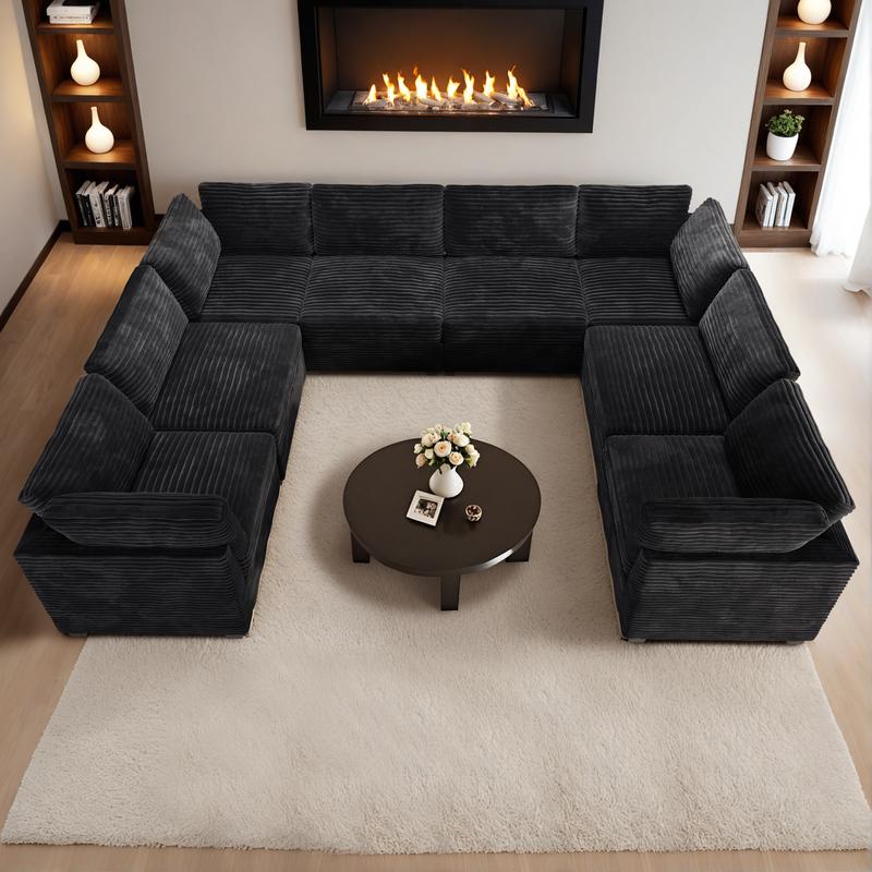 CAODOC Oversized U-Shaped Sectional Couch Sofa Living Room, Modern U-Shaped Convertible Sofabed Plush Corduroy Upholstered Sofa&Couch and Pillows,Free Combination