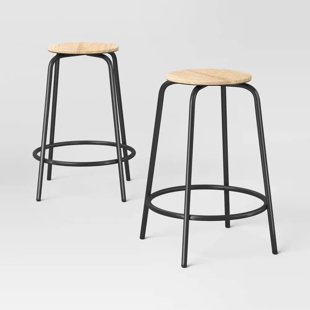 Set of 2 24" Wood with and Metal Base Backless Counter Height Barstool Stool Natural - Room Essentials