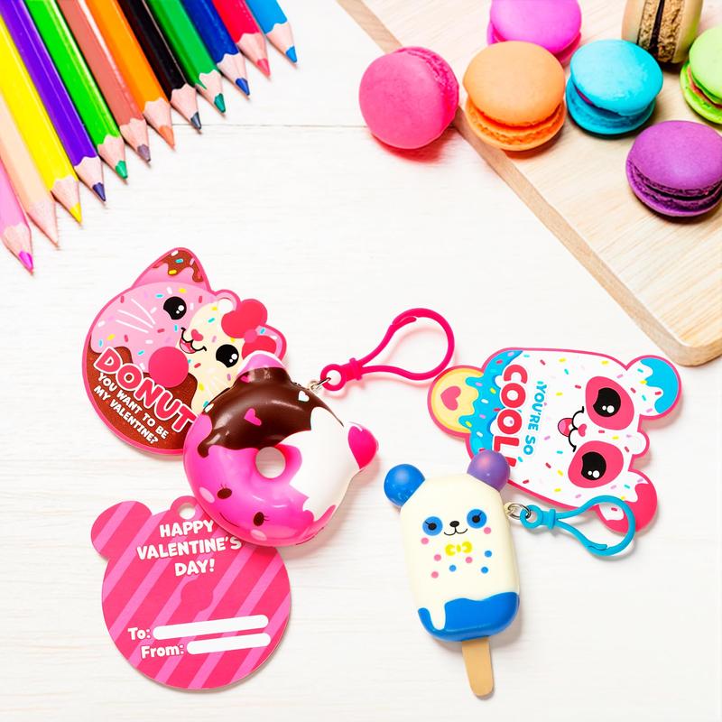 28Pcs&30pcs Dessert Squishy Toys Keychains with Kids Valentines Cards for Classroom Exchange Gifts 2025 Valentine Exchange Cards  Various decorations are available for selection.