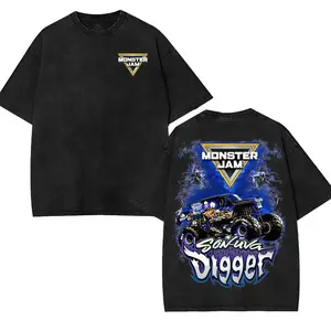 Washed Oversized Monster Truck T-Shirt, Green Graveyard Style Truck Back Graphic, Extreme Racing Streetwear Unisex, Monster Jam shirt, Monster Truck Racing Graphic with Tire Tracks and Checkered Flags, Monster Truck Fan Gift, Wash shirt, summer outfit