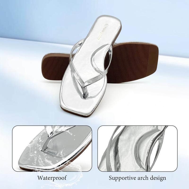 Lumubby Shiny Mirror PU Square-Toe Flip Flops Unisex Comfort Casual Sandals for Daily Wear Lightweight Easy to Clean Stylish Design Summer Shoe Flipflop