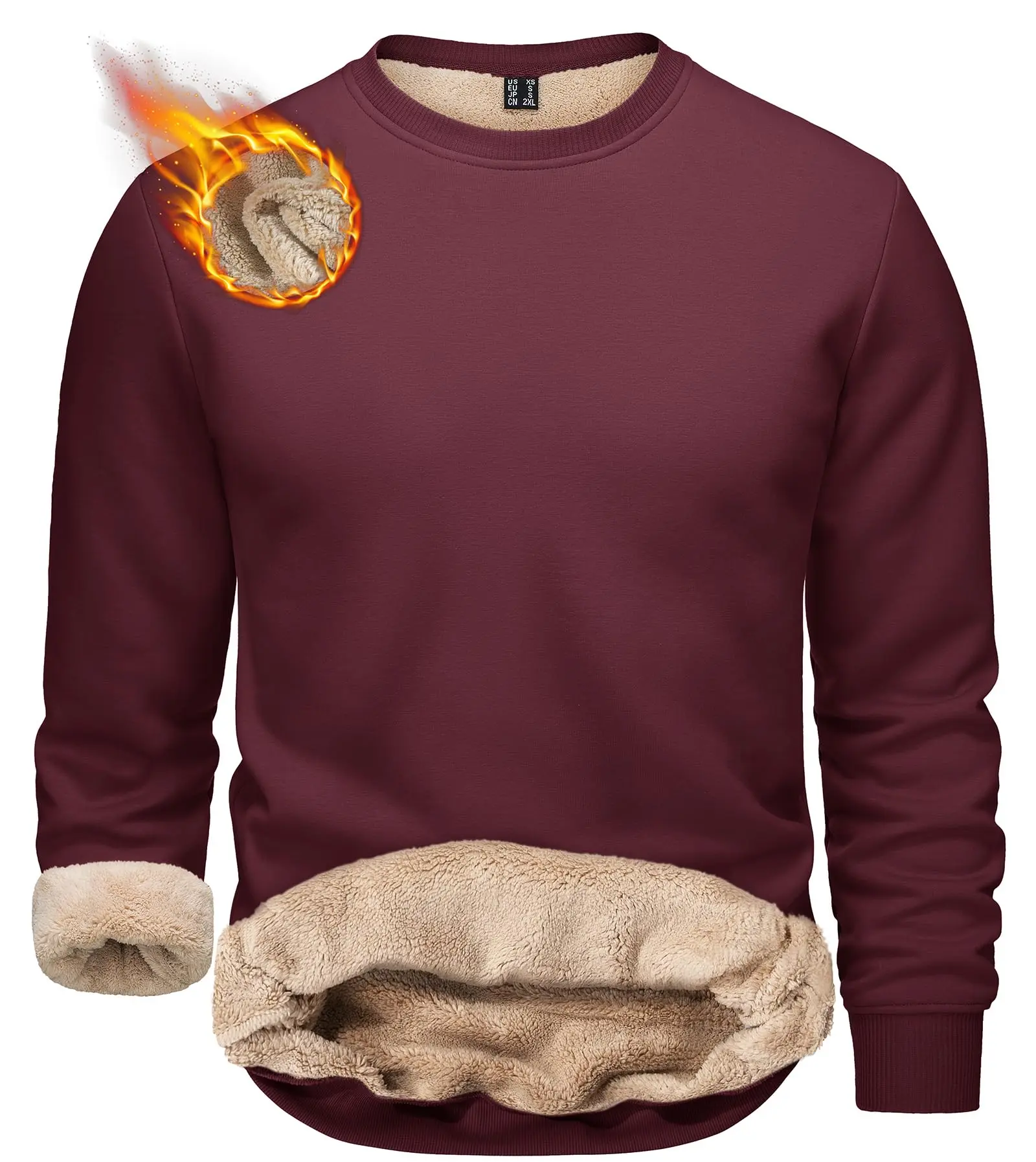 Men's Crewneck Casual Classic Heavyweight Thermal Sherpa-Lined Long Sleeve Winter Pullover Top with Plain Hem