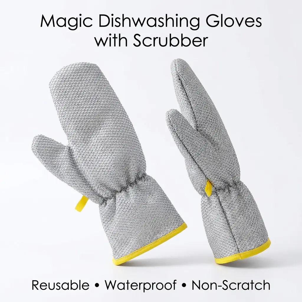 Reusable Stainless Steel Cleaning Gloves (2 Pairs, 32cm) - Household Kitchen Scrub Gloves for Washing Dishes, Heat-Resistant, Waterproof, Non-Scratch, Durable 5-in-1 Scrubber Pot Holder, Cleaning Gloves Reusable, Household Kitchen Gloves