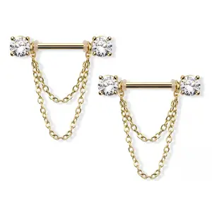 Prong Set CZ Crystal Ends with Double Dangling Chains Nipple Barbells - 316L Stainless Steel - Pair