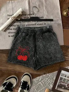 Women's Cherry Print Curved Hem Shorts, Casual Comfy Breathable Shorts for Summer, Ladies Bottoms for Daily Wear
