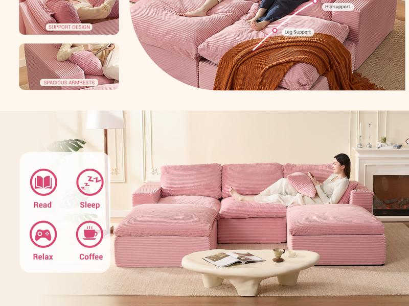 AFUSON 106.3” 3-Seater U Shaped Sofa with Extra Cushions Added Boneless Sectional Couches for Living Room Cozy Comfy Loveseat Cloud Couch Modular Sectional Sofa Convertible Sofas Bed Deep Seat Sofa Corduroy Fabric