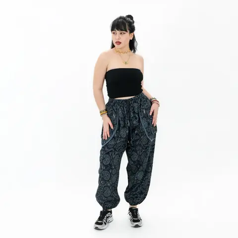 Women's Paisley Print Boho Cotton Oversized Bottom Pants - Lightweight Unisex Comfortable Cargo Joggers, Multi-Pocket, Elastic Waist with Drawstring, Casual Fit Everyday Trousers