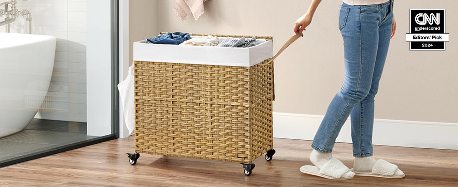 SONGMICS Laundry Hamper with Lid,  Large Capacity, Rolling Laundry Basket with Wheels, 3-Section Synthetic Rattan, Removable Liner