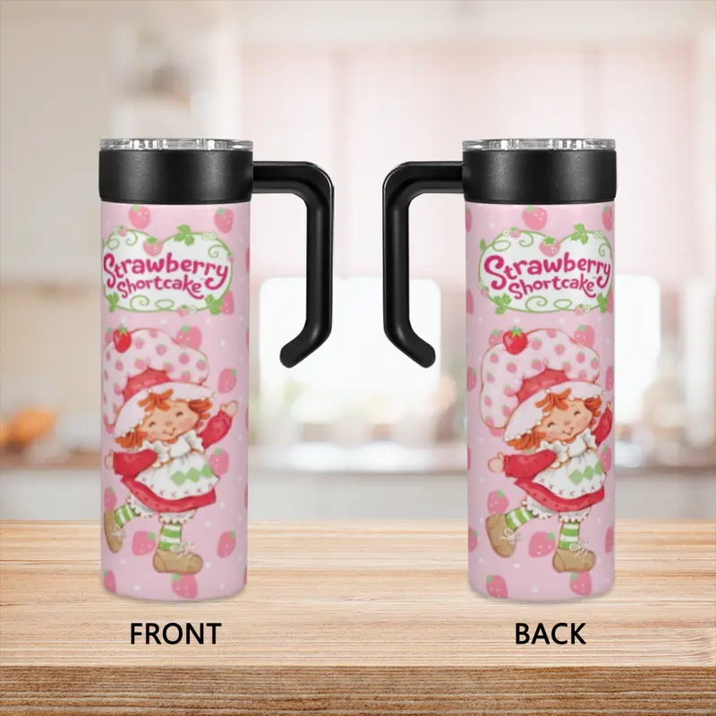 New 20oz Strawberry Shortcake Themed Insulated Stainless Steel Mug with Handle, Leak-Proof Portable Multi-Style Cup, Perfect for Coffee/Smoothies & Commute/Office/Picnic, Ideal Gift for Dessert Lovers