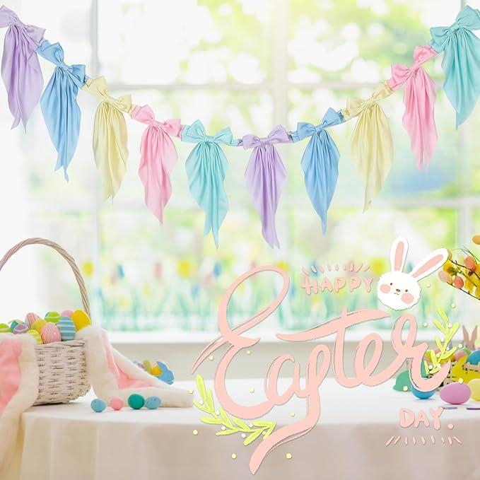 Easter Bow Garland Pastel Fluffy Tulle Satin Bow Banner Bunny Ear Plaid Pink Bow Garland Cute Hanging Wreath Garland for Mantle Fireplace Wall Door Mantel Decor, Spring Indoor Outdoor Home Table Backdrop Easter Decor 2026 Festive Party Supplies & Gifts