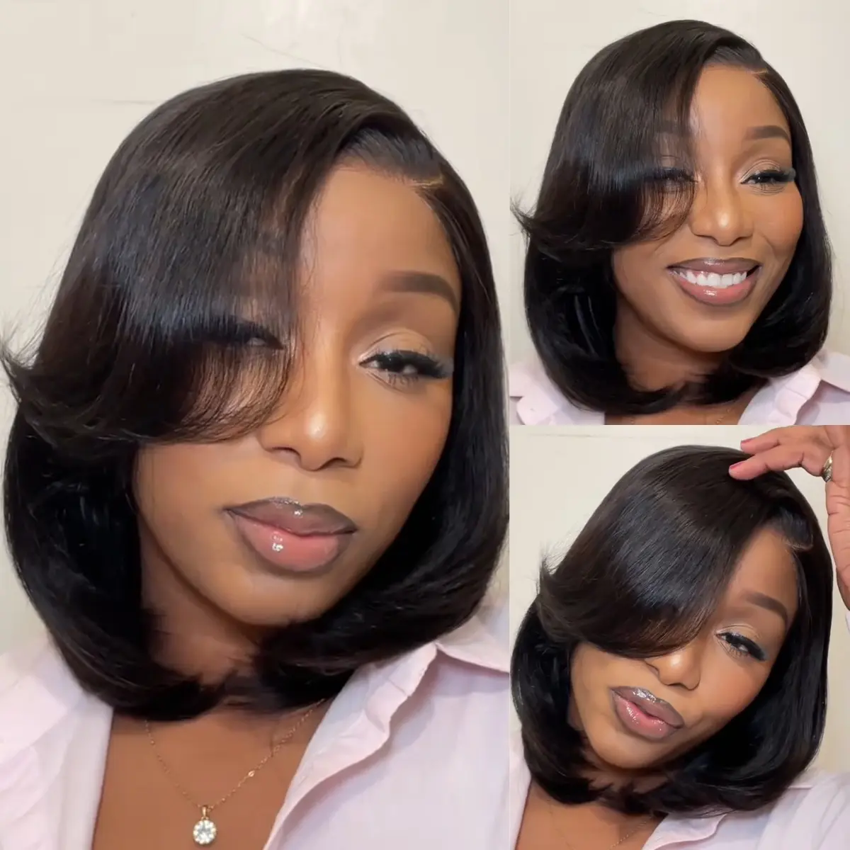 UNice Side Part Blunt Layered Striahgt Wig Pre Cut 6x4 Lace Closure Human Hair Wig with Drawstring Rachel-Inspired Shoulder Length Fashion Wig Beginners Friendly