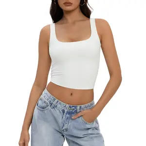 Lecieldusoir Sexy Square Neck Strappy Crop Cami – Double Layer Fitted Fashion Tank Top 018