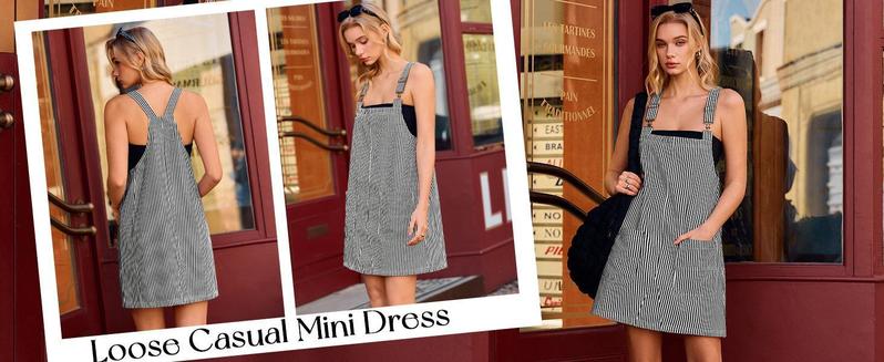 Imily Bela Womens Casual Striped Denim Dress Summer Pinafore Overalls Romper Adjustable Straps Jumper Dress with Pockets