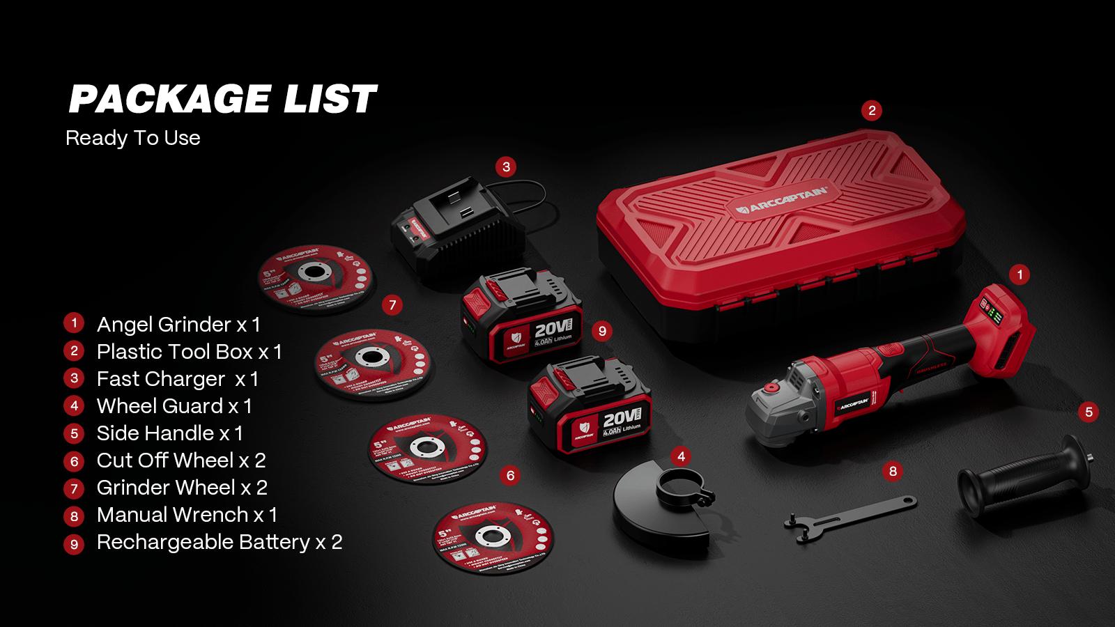 ARCCAPTAIN Angle Grinder Kit, 4-1/2 to 5",【Paddle Switch】9500RPM 1200W Brushless Power Motor Cordless Angle Grinder with 2PCS 4.0AH Batteries, 180°Rotatable Grinder Tool for Cutting/Grinding/Polishing, Holiday Haul, Best Christmas Gift for Men and Dad ARCCAPTAIN Angle Grinder Kit, 4-1/2 to 5",【Paddle Switch】9500RPM 1200W Brushless Power Motor Cordless Angle Grinder with 2PCS 4.0AH Batteries, 180°Rotatable Grinder Tool for Cutting/Grinding/Polishing, Holiday Haul, Best Christmas Gift for Men and Dad