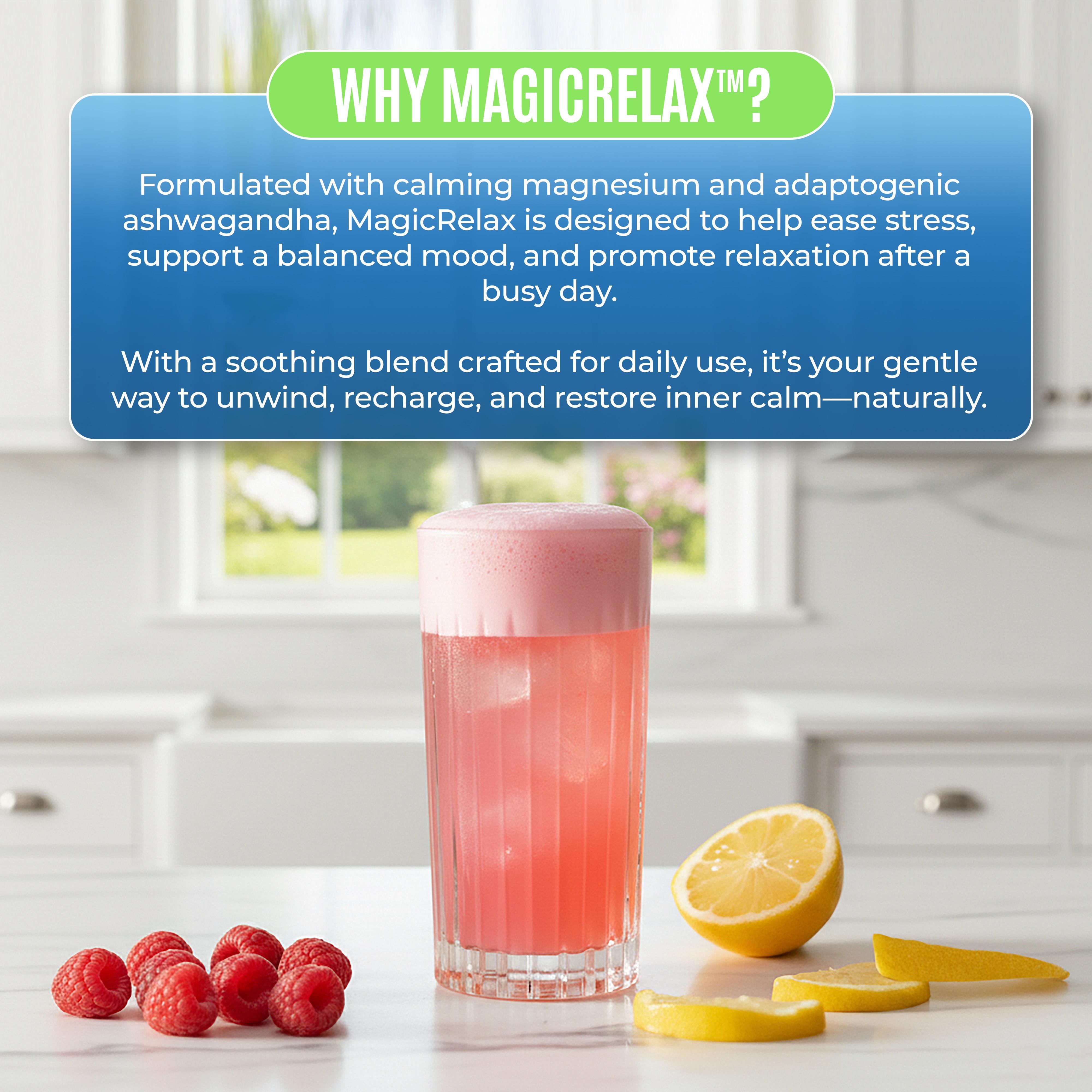Yesnap MAGICRELAX Calming Sparking Mix with 8-in-1 Magnesium KSM-66 Ashwagandha Saffron Vitamin D3 GABA L-Theanine Supports Cortisol Balance Mood Sleep 30 Servings No Sugar Non GMO Raspberry Lemonade Flavor