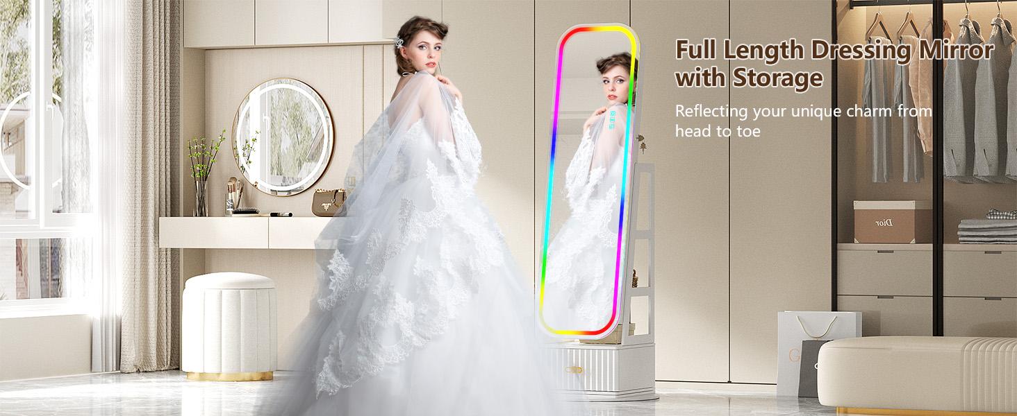 Miu Round-Corner Design Full-RGB exterior length Mirror with 360° Swivel & LED-Lit Features, Bottom Drawer Storage, Lockable Design Brush Cabinet