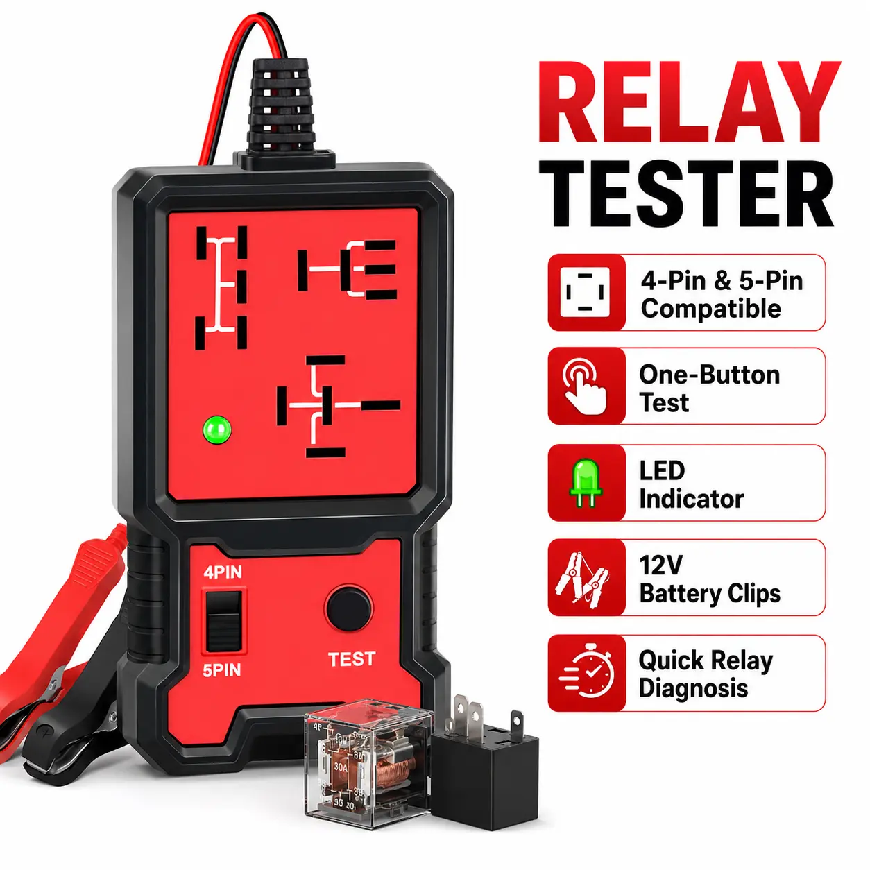 12V-24V Automotive Relay Tester Tool, Car Diagnostic Electrical Circuit Tester - Quick Coil & Switch Contact Function Test, Self-Contained for Instant Results, Tests 4 & 5 Pin Relays
