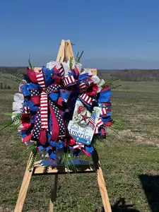 God Bless America Ring Board Decor With Red White Blue Deco Mesh And Poppies