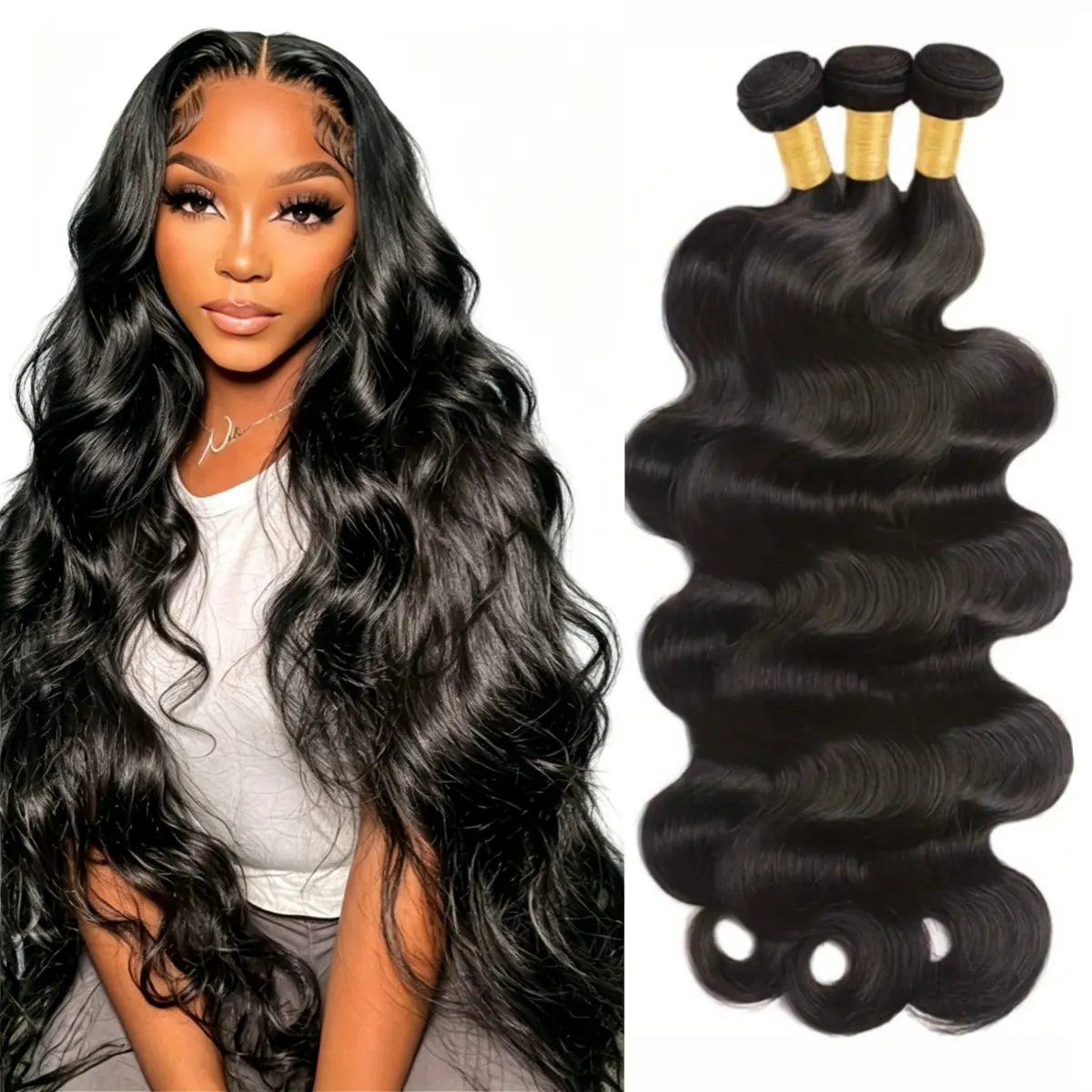 Unisex Virgin Human Hair Body Wave Bundles - Natural Black, Full Density, Silk-Touch, Tangle-Free Hair Extensions for Birthday, Casual Wear