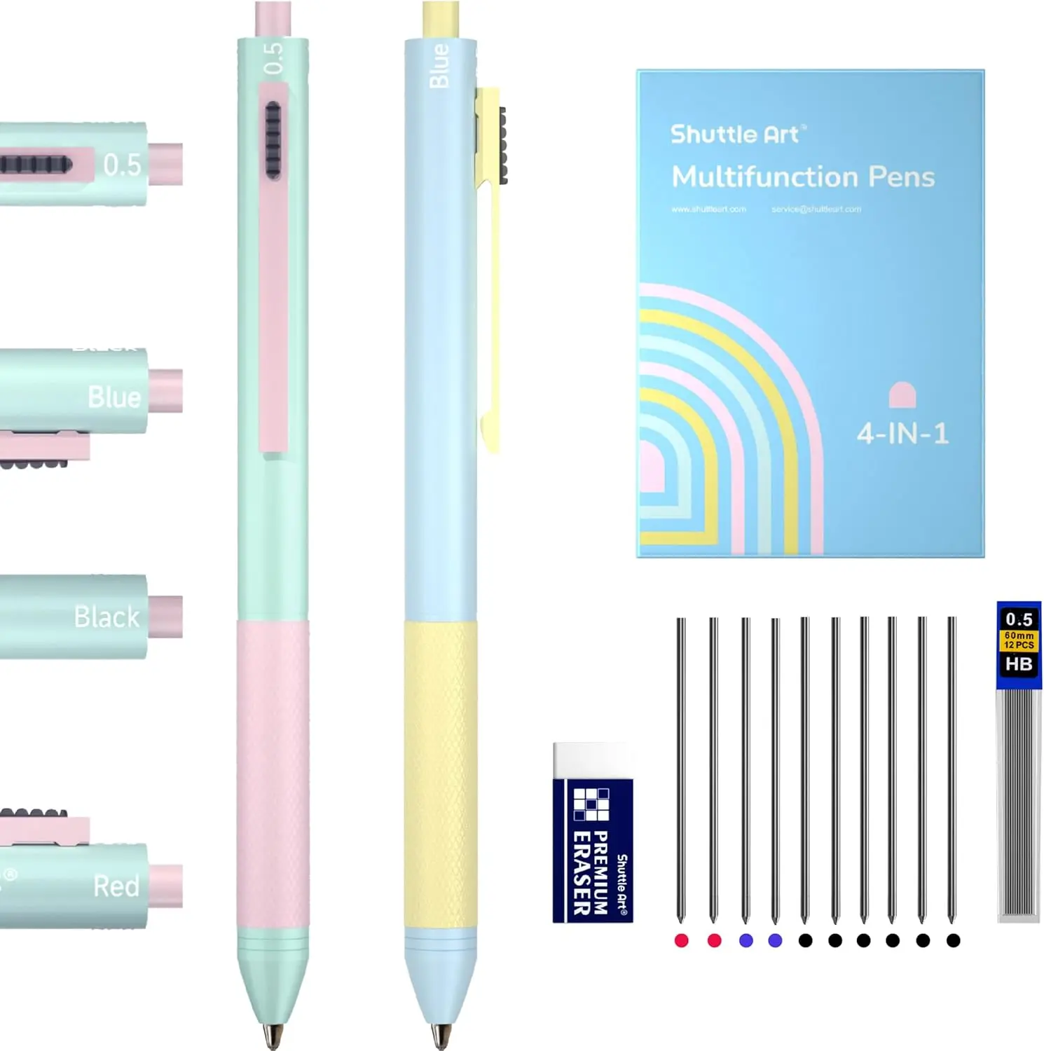 Shuttle Art-4 in 1 Gravity-Activated Multicolor Pen, 2 Pack Retractable Ballpoint Pens with 1.0mm Black Blue Red Ink and 0.5mm Mechanical Pencil, Multifunction Pens Fresh Style Gift Set for Writing School Office Home,back to school,back to school haul