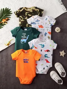 COOL-A-SAURUS ALERT! 5-Pack Baby Boy Bodysuits | Adorable Dinosaur Prints | Soft Cotton Summer Outfits