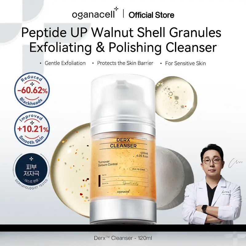 Oganacell DERX Cleanser, 4.05 fl oz Korean Exfoliating Face Wash with Walnut Flakes & Amino Acids, Gentle Daily Vegan Crueltyfree Gel for Oily Acne Prone Skin - Clogged Pores Solution for Fresh and Clean Skin
