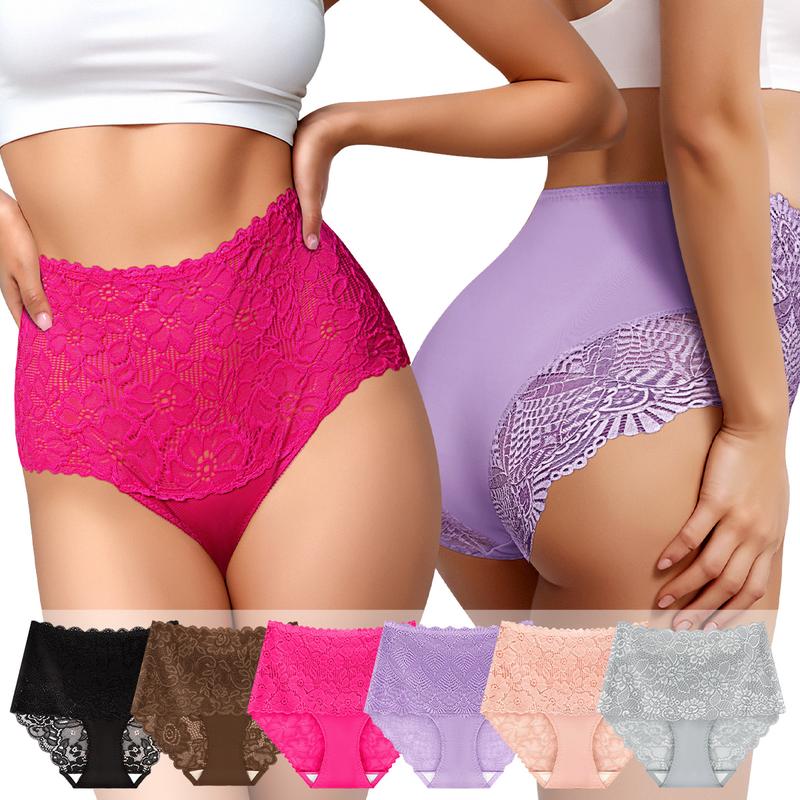 Morelect 3/6/10 Pack Women's High Waist Lace Panties,Spring Floral Panty Set,Ultra Soft & Breathable Everyday Panties,Sexy Lingerie for Date Night,Full Coverage Briefs S-5XL